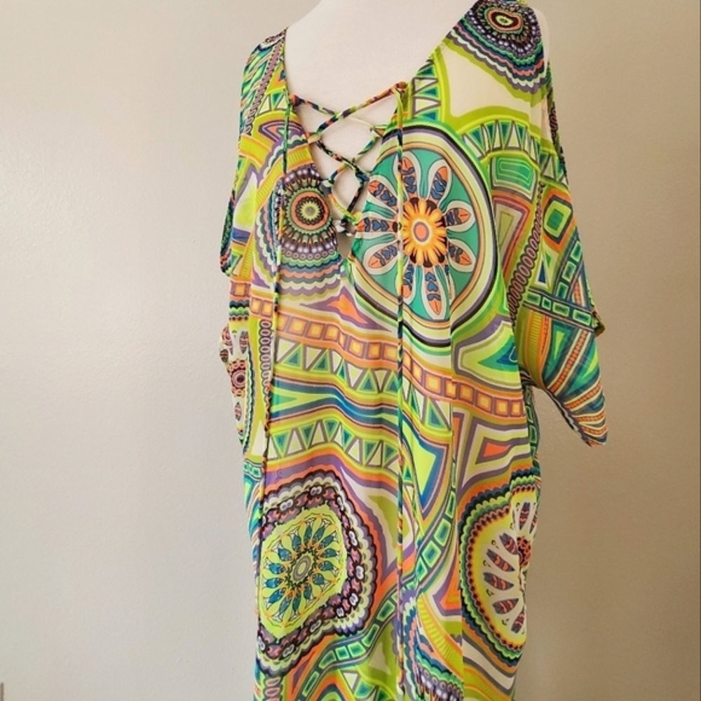 LUSH sheer tribal swim cover up long printed tunic beach festival resort OS